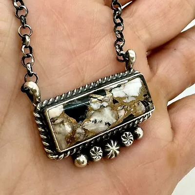 Navajo Bar Necklace 17  White Buffalo Turquoise Sawtooth Sterling Signed Patina • $149.94