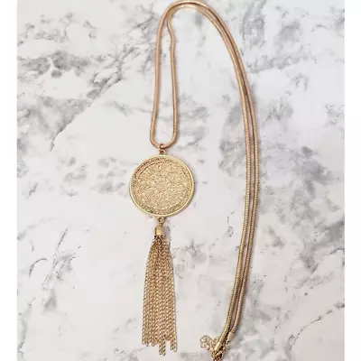 Fashion Long Necklace Gold Toned Thick Strand W Mandala Pendant & Chain Tassel  • $11