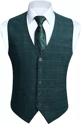 HISDERN Men's Suit Vest Plaid Dress Vest For Men Slim Fit Formal Business Waistc • $73.35