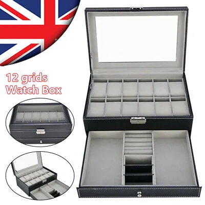 12Grids Watch Box For Men Luxury Display Case Organizer Jewelry Storage Holder • £15.95