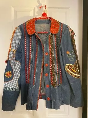 Vintage Jean Jacket Handmade Embroidered Beaded Women's Western Southwestern • $60