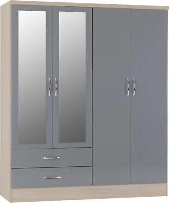 Nevada 4 Door 2 Drawer Mirrored Wardrobe In Grey Gloss And Oak Effect Finish • £287.99