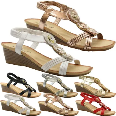 £11.95 • Buy Womens Flat Diamante Peep Toe Wedge Ankle Strap Shoes Ladies Summer Sandals Size
