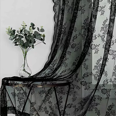 Window Drape Dustproof Floral Lace Sheer Processed Black Curtain Countryside  • $20.89