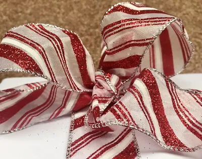 £1.20 • Buy Sparkling “CANDY CANE” Red & White Striped Wire Edged Ribbon: Per Metre