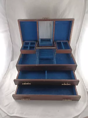 VTG Wood Jewelry Box Blue Velvet Lining 2 Drawers 13 1/2  X  7  X 6 1/4  70s 80s • $36.75