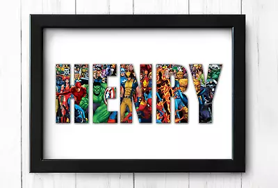 Personalised MARVEL NAME A4 Fully FRAMED In Black Word Art Birthday Gift For Him • £11.99