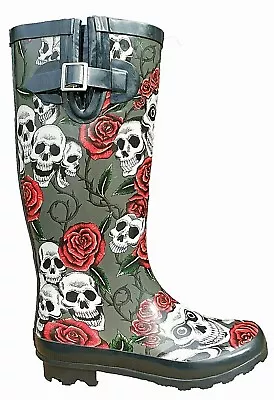 £21.95 • Buy Womens Wellingtons Skull Roses Printed Rain Snow Festival Adjustable Calf UK 3-8