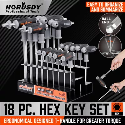 18 Pc SAE & Metric T Handle Allen Wrench Ball End Hex Key Set W/ Storage Stand • $26.99