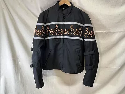 Revolution Gear Black Motorcycle Jacket With Flames Sz L Biker Coat V5567 • $70