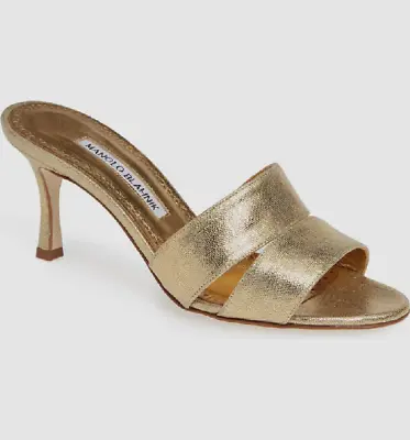 $645 Manolo Blahnik Women's Gold Lacopo Mule Sandal Heel Shoes Sz US 6.5/EU 36.5 • $180.78