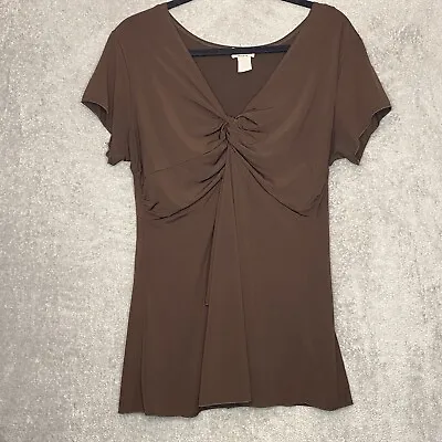 MKM Designs 2X Shirt Top Brown Solid V Neck Short Sleeve Ruffled Stretch P11 • $16.20