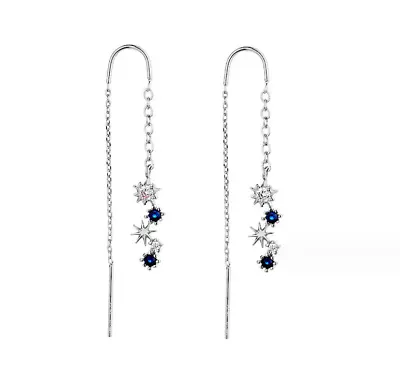 Women Silver Threader Earrings Dazzling Blue White CZ Star Pull Earrings TH3 • $5.95