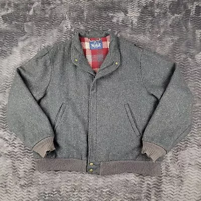 Vintage Woolrich Bomber Jacket Mens XL Gray Wool Blend Plaid Lined USA Made 80s • $71.19