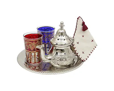 £48.85 • Buy Moroccan Mint Tea Set Small: Silver Tray, Teapot, 2 Tea Glasses, Teapot Holder