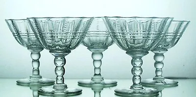 Five TUDOR Bobbin Stem Lead Crystal Cut Champagne Coupes Cocktail Glasses  200ml • £50