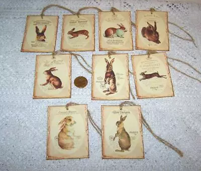 9~Easter~Vintage~French~Chocolat~Rabbits~Linen Cardstock~Gift~Hang~Tags • $10