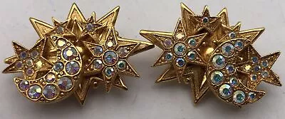 Kirks Folly Aurora Borealis Rhinestone Gold Tone Moon & Star Clip Earrings • $9.99