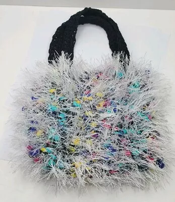 Black Crochet Knitted Handbag Purse With Unique Handmade? Confetti Puffy Cover • $19.88