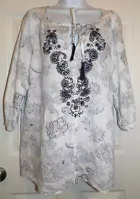 Lovely Gray Print MALVIN 3/4 Sleeve Linen Blouse Black Embroidery Tassle Tie XL • $9.99