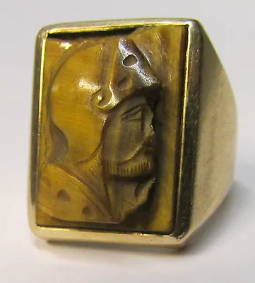 Antique 14K Gold TIGER'S EYE Roman Soldier Cameo ~  Per Sempre    Forever Ring • $750