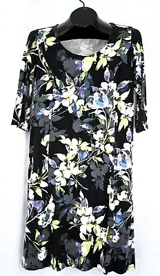 J Jill Wearever Dress Womens XS Black Lavender Floral 3/4 Sleeves Stretch Top • $0.99