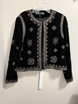 Zara Black Velvet Kimono Embroidered Gold Cropped Beaded Jacket Coat - L • $49.99