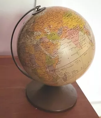 Vtg Metal Globe Bank By Replogle Tan World Globe On Stand With Metal Stopper Cap • $21.79