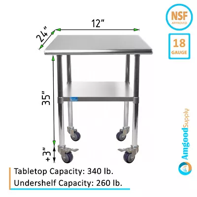 24  X 12  Stainless Steel Table With Wheels | NSF Prep Metal Work Table Casters • $174.95