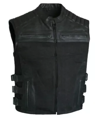 Swat Style Leather & Denim Vest Men Motorcycle Tactical Concealed Carry • $54.99