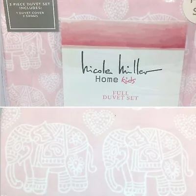 3pc Nicole Miller Pink Ornate Elephant FULL Duvet Sham Set Hearts Aqua Tassel • $52.24