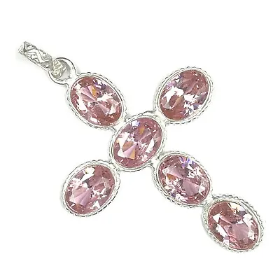 925 Sterling Silver Rose Cut PInk Topaz Gemstone Handmade Jewelry Cross Pendant • $15.99
