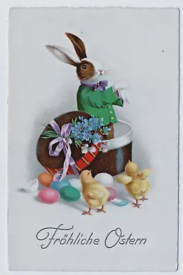 Easter Vintage Postcard Dressed Bunny Rabbit In Hat Box Frohliche Ostern Germany • $9.99