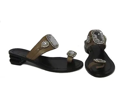 MISS TRISH OF CAPRI Atanado Brown Sugar Black Rhinestone Toe Leather Sandals 6 • $22.99
