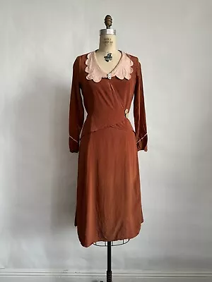 Vintage 1920s 30s Rust Rayon Faux Wrap Style Day Dress TLC S • $48