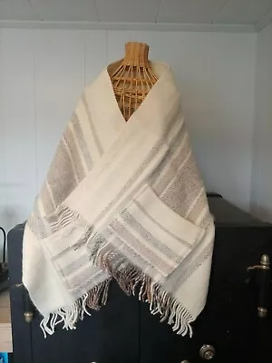 NOS Viking Forsbro 100% Wool Shawl Wrap Fringe Pockets Beige Stripe Warmway  • $39.95