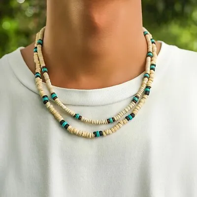 Handmade Men's Wooden Beaded Surfer Necklace Simple Geometric Tribal Ethnic • $13.75