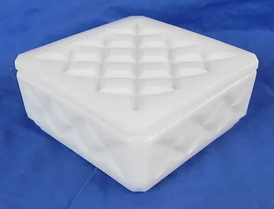 Milk Glass Trinket Jewelry Box + Lid 4 1/4  Square Diamond Quilt Pattern Exc. • $22