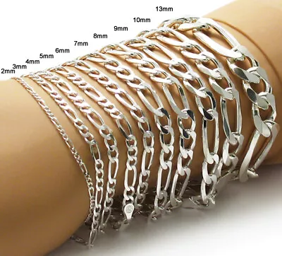 925 Sterling Silver Figaro Link Chain Bracelet (All Widths And Lengths) • $194.99