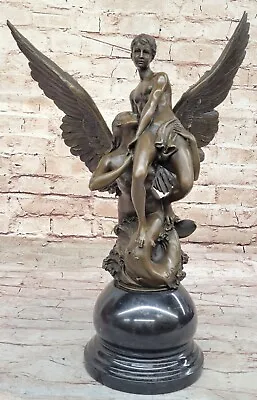 Nude Mermaid With Angel Bronze Masterpiece Sculpture Marble Base • $359.40