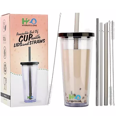 Cup For Milkshake Smoothie Bubble Boba Tea Double Wall Insulated With Lids Straw • £14.99