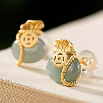 Chinese Natural Jade Moneybag Wealth Earrings Ear Stud Fashion Jewelry Amulet • $22.96