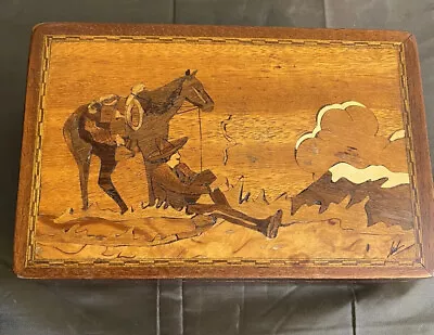 Vintage Wooden Marquetry Inlay Box Cowboy Campfire   Horse • $60