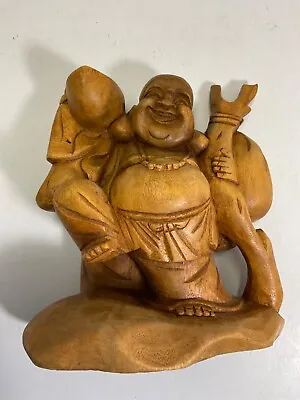 6”Wooden Meditating Smiling Buddha Statue Hand Carved Wooden Sculpture Figurine • $24.98