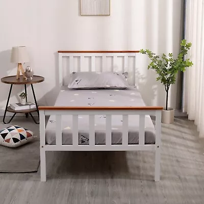 Single Bed Pine Frame 3ft White & Oak Wooden Shaker Style Bedroom Furniture • £54.95