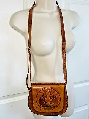 Vintage Tan Two Lucky Elephant Tusks Up  Hand Tool Leather Crossbody Small Bag • $15