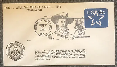 £4.99 • Buy FDC Special Stamp Cover Masons Masonic USA 1981 Buffalo Bill