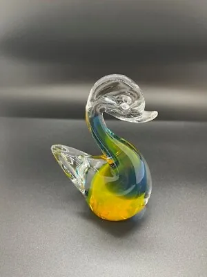 Murano Type Duck Clear Art Glass  Figurine With Blue And Yellow Core • $18