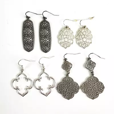 Silver Tone Bright And Antiqued Middle Eastern Ikat Style Earrings Lot 4 Pairs • $9.95