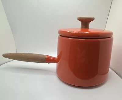 Vintage Copco Michael Lax Design Holland Orange Enamel Pot Teak Wood Handle • $30